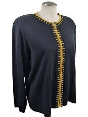 Bobbie Brooks Womens Vintage Full Zip Cardigan Metallic Gold Embroidered Trim XL